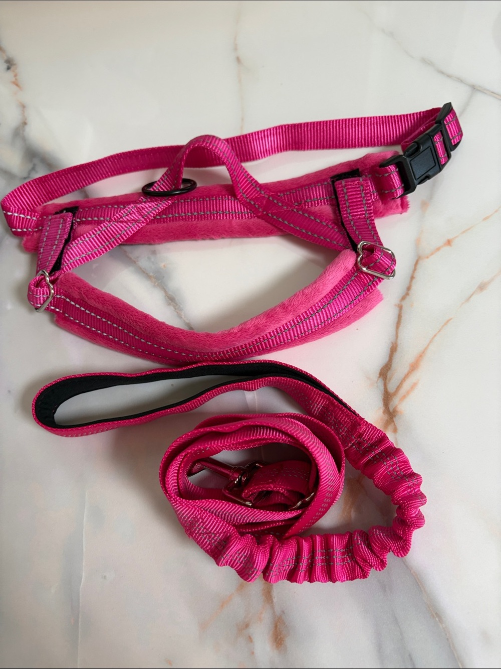 Hot Pink Dog Harness and Bungee Leash Set